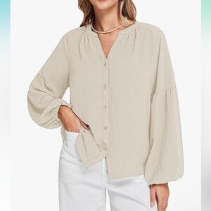 Women’s Small Henley V-Neck Long Sleeve Button Down Shirt Work Tan Beige NWT